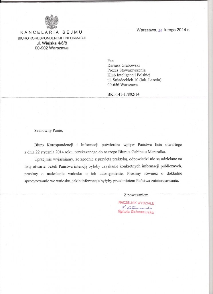 Pismo z Kanc  Sejmu do KIP